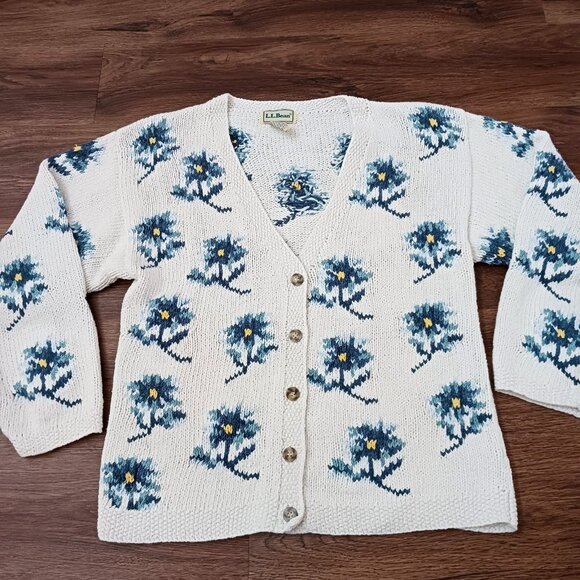 Vintage LL Bean Blue Floral Cardigan Sweater Size Small W556 - Picture 1 of 4